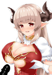 Rule 34 | 10s, 1girl, alicia (granblue fantasy), aria (okuda08808008), breast hold, breasts, censored, cleavage, clothing cutout, covered erect nipples, demon horns, draph, dress, earrings, eyebrows, gloves, granblue fantasy, grey hair, highres, horns, huge breasts, jewelry, parted lips, penis, pointy ears, puffy short sleeves, puffy sleeves, red dress, red eyes, short sleeves, smile, solo, underboob, underboob cutout, white gloves