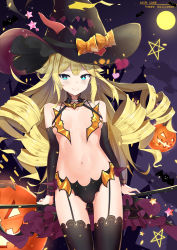 Rule 34 | 1girl, absurdres, alternate breast size, azur lane, black hat, black thighhighs, blonde hair, blue eyes, bow, breasts, curly hair, drill hair, fengyue jiang, flat chest, garter straps, halloween, hat, highres, jack-o&#039;-lantern, midriff, multiple hat bows, navel, quad drills, revealing clothes, showgirl skirt, small breasts, smalley (azur lane), smalley (candy courier) (azur lane), solo, thighhighs, witch hat, yellow bow