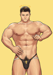 Rule 34 | 1boy, abs, absurdres, baimeme, bara, beard, biceps, black hair, black male underwear, check copyright, clenched hand, copyright request, cross, facial hair, fire, flaming halo, halo, highres, jockstrap, large pectorals, looking at viewer, male focus, male underwear, manly, mature male, muscular, muscular male, navel, navel hair, nipples, no pants, original, pants, pectorals, pubic hair, serious, solo, sparkle, spiked hair, teeth, thick arms, thick thighs, thighs, tokyo houkago summoners, topless male, underwear, veins, veiny arms, zabaniyya (housamo)