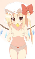 Rule 34 | 1girl, bad id, bad pixiv id, blonde hair, blush, bow, collarbone, condom, condom in mouth, covering privates, covering nipples, female focus, flandre scarlet, hands on own chest, hat, hat bow, leaning forward, long hair, looking at viewer, mouth hold, navel, no pants, oniku (shimofuri-ke), panties, panties only, pink background, red eyes, side ponytail, simple background, smile, solo, topless, touhou, underwear, underwear only, white panties, wings