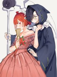 Rule 34 | 1boy, 1girl, ahoge, bad id, bad pixiv id, black cloak, black hair, blush, cloak, colored eyelashes, colored skin, commentary, cookie run, double bun, dreadlocks, dress, fan over face, folding fan, grey skin, hair bun, hair over one eye, hand fan, highres, holding, holding fan, holding scythe, hood, hooded cloak, hufy, jewelry, licorice cookie, necklace, off-shoulder dress, off shoulder, pomegranate cookie, red dress, red eyes, red hair, scythe, short sleeves, sidelocks, skull necklace, stitches, sweat, white background, yellow eyes
