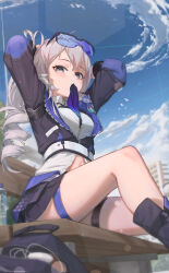 Rule 34 | 1girl, absurdres, arm behind head, aton (user kufr5245), black footwear, bottle, cloud, cloudy sky, commentary, crossed bangs, day, drill hair, eyewear on head, grey eyes, grey hair, highres, honkai: star rail, honkai (series), leg up, long hair, long sleeves, looking at viewer, mouth hold, navel, on bench, outdoors, ponytail, silver wolf (honkai: star rail), sitting, sky, solo, thigh strap, thighs