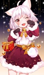 Rule 34 | 1girl, ahoge, animal ears, bad id, bad pixiv id, bell, black gloves, blurry, blurry background, bow, box, capelet, cat ears, cat tail, christmas, cowboy shot, fangs, fur trim, gift, gift box, gloves, gradient background, highres, hoshi usagi, md5 mismatch, one eye closed, open mouth, original, paw pose, red eyes, red skirt, resolution mismatch, short hair, skirt, solo, source larger, tail, white hair, yellow bow