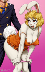 Rule 34 | 1boy, 1girl, animal ears, blonde hair, blush, breasts, carrot (one piece), highres, large breasts, looking back, nipples, one piece, open mouth, panties, panty pull, pink panties, rabbit ears, rabbit girl, rabbit tail, ragathol, red eyes, sanji (one piece), short hair, smile, tail, underwear