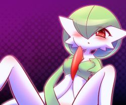 Rule 34 | 1girl, blush, breast hold, breasts, covered erect nipples, creatures (company), female focus, female masturbation, game freak, gardevoir, gen 3 pokemon, green hair, hand up, heart, heart-shaped pupils, masturbation, medium breasts, nintendo, open mouth, out-of-frame censoring, pokemon, pokemon (creature), purple background, red eyes, shiratsuki (royal moon), short hair, simple background, sitting, solo, spread legs, symbol-shaped pupils