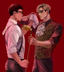 Rule 34 | 2boys, ascot, ass, belt, black belt, black pants, black shirt, blood, blood on face, blood on hands, brown vest, coooga, glasses, golf club, highres, holding, holding golf club, jewelry, killing stalking, looking at another, male focus, multiple boys, multiple rings, oh sangwoo, pants, ring, shirt, sunglasses, suspenders, vest, watch, white ascot, white shirt, wristwatch, yang seungbae