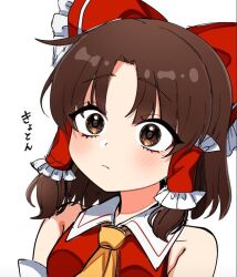 Rule 34 | 1girl, ascot, bare shoulders, blush, bow, breasts, brown eyes, brown hair, closed mouth, detached sleeves, frilled bow, frilled hair tubes, frills, hair bow, hair tubes, hakurei reimu, ishiki nuru, light frown, medium breasts, medium hair, red bow, red vest, solo, touhou, translation request, upper body, vest, yellow ascot