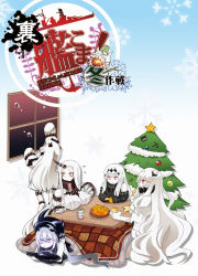 Rule 34 | 10s, 5girls, :/, abyssal ship, aircraft carrier water oni, breasts, choker, christmas, christmas tree, claws, colored skin, cup, destroyer princess, detached sleeves, dress, flying sweatdrops, food, fruit, hair ornament, headgear, holding, horns, kantai collection, kotatsu, large breasts, long hair, lying, mandarin orange, midway princess, mittens, multiple girls, northern ocean princess, on stomach, orange eyes, parted lips, ribbed sweater, seaport princess, shimesaba (masuraoburi), side ponytail, sideboob, grey eyes, single horn, sitting, smile, sweater, table, teacup, translation request, very long hair, white dress, white hair, white skin, yunomi