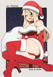 Rule 34 | 10s, 1girl, 2014, ;d, bare shoulders, blonde hair, boots, choker, christmas, dated, eyebrows, hat, long hair, looking at viewer, nanakura nanane, one eye closed, open mouth, original, panties, pointy ears, red eyes, red footwear, red panties, red thighhighs, santa boots, santa costume, santa hat, smile, solo, thigh boots, thighhighs, underwear
