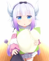 Rule 34 | 10s, 1girl, beads, blue eyes, blunt bangs, blush, capelet, child, dragon girl, goribote, gradient hair, hair beads, hair ornament, hairband, horns, hugging object, kanna kamui, kobayashi-san chi no maidragon, light purple hair, long hair, looking at viewer, low twintails, multicolored hair, pillow, pillow hug, pov, purple hair, shirt grab, solo focus, tail, thighhighs, triangle mouth, twintails, white thighhighs