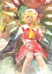 Rule 34 | 2girls, apron, ascot, back bow, barefoot, black headwear, black skirt, black vest, blonde hair, bow, breasts, closed mouth, collared shirt, crossed arms, flandre scarlet, frilled shirt collar, frilled skirt, frilled sleeves, frills, from side, glowing, glowing wings, hair between eyes, hat, hat ribbon, highres, kirisame marisa, large bow, looking at viewer, medium hair, misawa hiroshi, mob cap, multiple girls, painting (medium), puffy short sleeves, puffy sleeves, rainbow order, red ribbon, red skirt, red vest, ribbon, shirt, short sleeves, sitting, skirt, skirt set, small breasts, touhou, traditional media, vest, waist apron, watercolor (medium), white apron, white bow, white headwear, white shirt, wings, witch hat, wrist cuffs, yellow ascot