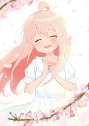 Rule 34 | 1girl, :d, ^ ^, absurdres, ahoge, cherry blossoms, closed eyes, collarbone, commentary request, dress, facing viewer, hands on own chest, highres, light blush, long hair, looking at viewer, onii-chan wa oshimai!, open mouth, oyama mahiro, petals, pink hair, puffy short sleeves, puffy sleeves, short sleeves, smile, solo, tama go, white dress, wind