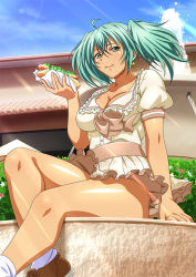 Rule 34 | 1girl, bare legs, breasts, dress, female focus, food, green eyes, green hair, ikkitousen, large breasts, looking at viewer, ryofu housen, shiny skin, shoes, sitting, smile, twintails
