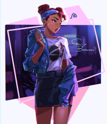 Rule 34 | 1girl, animification, apex legends, black nails, blue headband, blue jacket, blue skirt, cellphone, collarbone, double bun, hair behind ear, hair bun, headband, highres, holding, holding phone, jacket, lifeline (apex legends), looking to the side, nail polish, off shoulder, open mouth, phone, shirt, skirt, smartphone, solo, thundergotch, white shirt
