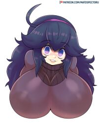 Rule 34 | 1girl, @ @, ahoge, breasts, cleavage, creatures (company), female focus, game freak, hairband, hex maniac (pokemon), highres, huge breasts, long hair, looking at viewer, matching hair/eyes, mato spectoru, nintendo, parted lips, pokemon, pokemon xy, purple eyes, purple hair, see-through, see-through cleavage, smile, solo, upper body