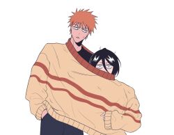 Rule 34 | 1boy, 1girl, awkward, black hair, bleach, brown sweater, commentary request, cowboy shot, double-parted bangs, frown, gwao ( ul 13), hair between eyes, hand in pocket, height difference, highres, korean commentary, kuchiki rukia, kurosaki ichigo, looking at another, looking at viewer, looking down, orange hair, shared clothes, shared sweater, short hair, side-by-side, simple background, sleeves past wrists, spiked hair, sweatdrop, sweater, v-shaped eyebrows, white background, wide-eyed