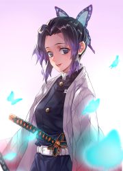 Rule 34 | 1girl, belt, black hair, bug, butterfly, butterfly hair ornament, buttons, eyelashes, from side, gradient background, gradient hair, hair intakes, hair ornament, half updo, haori, high collar, highres, insect, japanese clothes, katana, kimetsu no yaiba, kochou shinobu, lips, long sleeves, looking at viewer, military, military uniform, multicolored hair, no pupils, parted bangs, purple eyes, purple hair, short hair, sidelocks, smile, solo, sword, tight (ohmygod), two-tone hair, uniform, upper body, weapon
