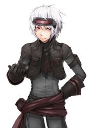 Rule 34 | 1boy, bad id, bad pixiv id, fantasy earth zero, gloves, hand on own hip, highres, hip focus, jacket, male focus, outstretched hand, purple eyes, sash, shiroesa, simple background, solo, visor, white background, white hair