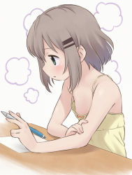Rule 34 | 1girl, bare arms, bare shoulders, blush, brown hair, camisole, commentary request, flat chest, green eyes, hair ornament, hairclip, holding, holding pen, looking at object, medium hair, meis (terameisu), paper, pen, sleeveless, solo, spaghetti strap, table, upper body, white background, yama no susume, yellow camisole, yukimura aoi