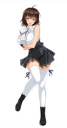 Rule 34 | 1girl, ahoge, ankle boots, black footwear, black gloves, boots, breasts, brown hair, cle masahiro, cross-laced footwear, crossed arms, full body, gloves, hair ornament, hairclip, highres, lace-up boots, large breasts, official art, open mouth, pleated skirt, short hair, simple background, skirt, sleeveless, solo, thighhighs, valkyrie drive, valkyrie drive -siren-, vivian sinclair, white background, white thighhighs