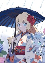 Rule 34 | 1girl, :o, alolan form, alolan vulpix, blonde hair, blue eyes, bright pupils, commentary request, creatures (company), flower, game freak, gen 7 pokemon, hair flower, hair ornament, highres, holding, holding umbrella, japanese clothes, kimono, lillie (pokemon), long hair, looking at viewer, makademia, nintendo, pokemon, pokemon (creature), pokemon sm, print kimono, rain, red flower, standing, umbrella, white kimono, white pupils