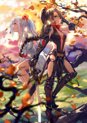 Rule 34 | 2girls, armor, armored boots, autumn leaves, baisi shaonian, barefoot, black gloves, blue eyes, boots, breasts, brown hair, cleavage, dress, elbow gloves, flower, full body, gloves, hair flower, hair ornament, hand in own hair, high ponytail, highres, holding, holding sword, holding weapon, long hair, medium breasts, multiple girls, no bra, original, outdoors, red eyes, red flower, silver hair, sitting, standing, sword, tianxia shouyou, weapon, white dress
