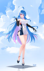 Rule 34 | 1girl, :d, absurdres, azur lane, bare legs, bare shoulders, black gloves, black headwear, blue hair, blush, breasts, buttons, clothing cutout, covered navel, curly hair, double-breasted, dress, elbow gloves, full body, gloves, hair between eyes, hand up, happy, helena (azur lane), helena (retrofit) (azur lane), highres, hip focus, large breasts, leg up, legs, long hair, looking at viewer, medium breasts, multicolored hair, open mouth, purple eyes, purple hair, reflection, sideless dress, skin tight, sky, sleeveless, sleeveless dress, smile, solo, tckd, thighs, two-tone hair, underboob cutout, very long hair