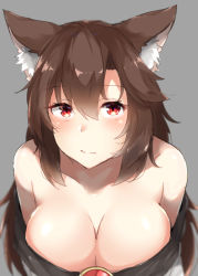 Rule 34 | 1girl, animal ear fluff, animal ears, bare shoulders, blush, breasts, brooch, brown hair, cleavage, collarbone, commentary, dress, grey background, hair between eyes, imaizumi kagerou, jewelry, large breasts, long hair, looking at viewer, neko pachi, off-shoulder dress, off shoulder, red eyes, sidelocks, simple background, solo, touhou, upper body, white dress, wolf ears