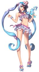 Rule 34 | 1girl, bikini, bikini skirt, blue eyes, blue hair, bracelet, chaos online, flat chest, frilled bikini, frills, full body, gradient hair, highres, jewelry, long hair, looking at viewer, love cacao, matching hair/eyes, multicolored hair, navel, official art, open mouth, roller skates, sandals, silver hair, skates, smile, solo, swimsuit, transparent background, twintails, tyria (chaos online), very long hair, water gun