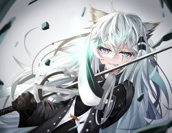 Rule 34 | 1girl, :p, animal ears, arknights, black gloves, black jacket, dual wielding, fang, gloves, hair between eyes, hair ornament, hairclip, highres, holding, holding sword, holding weapon, jacket, lappland (arknights), long hair, long sleeves, looking at viewer, s vileblood, scar, scar across eye, scar on face, silver hair, skin fang, solo, sword, tongue, tongue out, weapon, wolf ears, wolf girl
