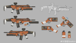 Rule 34 | absurdres, assault rifle, character sheet, explosive, genshin impact, grenade, grenade cartridge, grenade launcher, grey background, gun, hand grenade, highres, howa type 20, incendiary grenade, multiple views, no humans, rifle, seallllion, underbarrel grenade launcher, weapon, weapon focus, weibo logo, weibo watermark