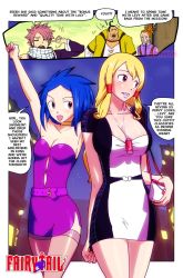 Rule 34 | 2girls, 3boys, arms up, bag, belt, blonde hair, blue hair, breasts, brown eyes, cleavage, closed eyes, collarbone, copyright name, droy (fairy tail), english text, fairy tail, gairon, hand on another&#039;s shoulder, hand up, handbag, happy, high ponytail, highres, jet (fairy tail), large breasts, levy mcgarden, long hair, looking at another, looking to the side, lucy heartfilia, medium breasts, multiple boys, multiple girls, natsu dragneel, night, open mouth, orange eyes, orange hair, outdoors, parted lips, pink hair, ponytail, scarf, short hair, smile, speech bubble, spiked hair, standing, talking, teeth, thighhighs, tongue, walking