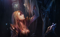 Rule 34 | 1boy, 1girl, armor, arthas menethil, blonde hair, breasts, bug, butterfly, chenbo, cleavage, couple, crying, eye contact, hand on another&#039;s cheek, hand on another&#039;s face, highres, bug, jaina proudmoore, jewelry, lich king, lipstick, long hair, looking at another, makeup, necklace, profile, shoulder armor, pauldrons, staff, tears, warcraft, weapon, white hair, world of warcraft