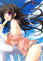 Rule 34 | 1girl, absurdres, bikini, black hair, blue sky, braid, cloud, day, food, from side, highres, hisagi (puchimaple), holding, horizon, ice cream, long hair, looking at viewer, looking to the side, o-ring, o-ring bikini, o-ring bottom, ocean, original, popsicle, purple eyes, railing, sky, solo, standing, swimsuit, water