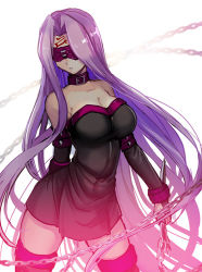 Rule 34 | 1girl, absurdly long hair, black dress, black sleeves, breasts, chain, cleavage, collar, contrapposto, cowboy shot, detached sleeves, dress, facial mark, fate/stay night, fate (series), floating hair, holding, holding weapon, large breasts, long hair, long sleeves, lowres, mask, medusa (fate), medusa (rider) (fate), nameless dagger (fate), purple hair, shida (xwheel), shiny clothes, short dress, simple background, sleeveless, sleeveless dress, solo, standing, strapless, strapless dress, thighhighs, tube dress, very long hair, weapon, white background, zettai ryouiki