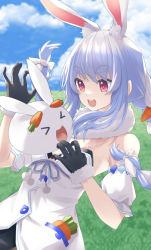 Rule 34 | 1girl, 1other, :d, absurdres, animal ear fluff, animal ears, bad id, bad pixiv id, bare shoulders, black gloves, black leotard, blue hair, braid, breasts, carrot hair ornament, clothing cutout, coat, coat dress, creature, detached sleeves, dress, field, food-themed hair ornament, fur-trimmed gloves, fur scarf, fur trim, gloves, grasslands, hair ornament, highres, hikimayu, hololive, kttmr i, leotard, leotard under clothes, long hair, looking at another, multicolored hair, open mouth, outdoors, pekomon (usada pekora), puffy short sleeves, puffy sleeves, rabbit, rabbit-shaped pupils, rabbit ears, red eyes, scarf, short eyebrows, short sleeves, small breasts, smile, solo focus, strapless, strapless coat, strapless dress, strapless leotard, swept bangs, symbol-shaped pupils, teeth, thick eyebrows, twin braids, twintails, two-tone hair, underboob cutout, upper teeth only, usada pekora, usada pekora (1st costume), v-shaped eyebrows, virtual youtuber, white coat, white hair, white scarf, white sleeves