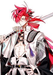 Rule 34 | 1boy, black hair, brendas46157301, dragon print, earrings, eyebrow cut, fate/grand order, fate (series), hair over one eye, hand on own hip, highres, holding, holding sword, holding weapon, jacket, japanese clothes, jewelry, long hair, long sleeves, looking to the side, male focus, multicolored hair, nagatekkou, over shoulder, pectoral cleavage, pectorals, red eyes, red hair, simple background, solo, streaked hair, sword, sword over shoulder, takasugi shinsaku (fate), underpec, upper body, weapon, weapon over shoulder, white background, white hair, white jacket