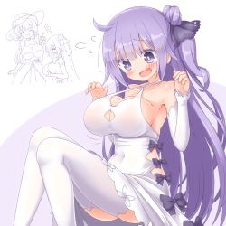 Rule 34 | 2girls, ^^^, ahoge, alternate breast size, ass, azur lane, bare shoulders, black bow, blush, bow, breast conscious, breast lift, breasts, covered navel, criss-cross halter, dress, flying sweatdrops, hair bun, halter dress, halterneck, illustrious (azur lane), invisible chair, large breasts, long hair, looking down, multiple girls, no bra, one side up, open mouth, oppai loli, purple eyes, purple hair, rooi, single hair bun, sitting, solo focus, tears, thighhighs, unicorn (azur lane), very long hair, wavy mouth, white dress, white legwear