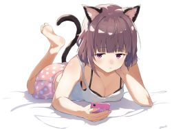 Rule 34 | 1girl, animal ears, barefoot, bed sheet, black bra, blunt bangs, bra, bra peek, breasts, brown hair, cat ears, cat tail, cellphone, cleavage, feet, full body, head rest, highres, kmnz, lace, lace-trimmed bra, lace trim, looking at viewer, lying, mc liz, medium breasts, nail polish, on stomach, phone, polka dot, purple eyes, short hair, short shorts, shorts, signature, simple background, smartphone, soles, solo, tail, tank top, underwear, virtual youtuber, white background, yossui