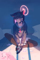 Rule 34 | 1girl, absurdres, animal ears, black choker, black hair, black hoodie, black pantyhose, blue archive, blue sailor collar, blurry, blurry foreground, candy, cat ears, cat girl, choker, colored inner hair, food, full body, glowing, glowing halo, graffiti, halo, highres, hood, hoodie, indian style, kazusa (blue archive), looking at viewer, multicolored hair, neckerchief, nekoyun93, pantyhose, pink hair, pleated skirt, red eyes, red neckerchief, sailor collar, shoes, short hair, single shoe, sitting, skirt, sneakers, solo, white skirt, wrapped candy
