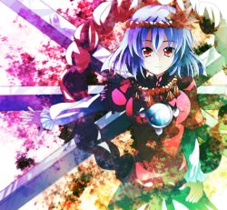 Rule 34 | 1girl, blue hair, colorful, hair ornament, kotaroukuroo, leaf, leaf on head, long sleeves, looking at viewer, mirror, object on head, onbashira, outstretched arm, red eyes, rope, shimenawa, shirt, short hair, skirt, smile, solo, touhou, yasaka kanako