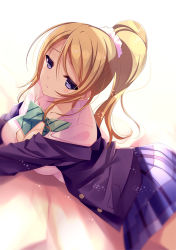 Rule 34 | 10s, 1girl, ayase eli, bad id, bad pixiv id, blazer, blonde hair, blue eyes, blue skirt, blush, breasts, cleavage, dress shirt, jacket, large breasts, long hair, long sleeves, love live!, love live! school idol project, off shoulder, open jacket, open clothes, open jacket, ponytail, school uniform, shirt, skirt, solo, white shirt, zinno