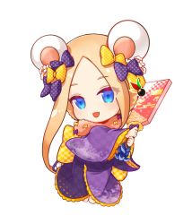 Rule 34 | 1girl, :d, abigail williams (fate), animal ears, barefoot, blonde hair, blue eyes, blush, bow, checkered bow, checkered clothes, checkered kimono, chibi, chinese zodiac, fake animal ears, fate/grand order, fate (series), forehead, full body, hagoita, hair bow, hanetsuki, highres, holding, japanese clothes, kimono, long sleeves, mouse ears, open mouth, orange bow, paddle, panco neco, parted bangs, polka dot, polka dot bow, purple bow, purple kimono, sidelocks, simple background, smile, solo, two-handed, white background, wide sleeves, year of the rat