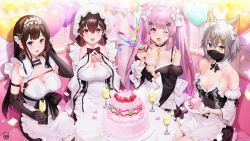 Rule 34 | 4girls, :d, ahoge, animal ears, artist logo, balloon, bare shoulders, black dress, black gloves, black hair, blue eyes, blush, bow, breasts, brown eyes, cake, character request, cleavage, collar, collarbone, commentary request, confetti, copyright request, cup, detached collar, detached sleeves, dress, ear piercing, earrings, elbow gloves, fingernails, food, glass, gloves, grey hair, hair between eyes, hair ornament, headwear request, heart, heterochromia, highres, holding, holding cup, jewelry, large breasts, long hair, long sleeves, looking at viewer, mask, medium breasts, mery (yangmalgage), mouth mask, multiple girls, one eye closed, open mouth, piercing, pink hair, short hair, sidelocks, sitting, smile, sparkle, table, twintails, two-tone dress, white dress, yellow eyes