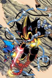 Rule 34 | 2boys, angry, black sclera, brothers, cannon, claws, colored sclera, desert, destruction, fighting, flying, laser, looking down, looking up, mechanical arms, mechanical parts, metal sonic, multiple boys, red eyes, robot, shard the metal sonic, siblings, sonic (series), sonic the hedgehog (archie comics), teeth, waniramirez