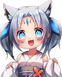 Rule 34 | 1girl, animal ear fluff, animal ears, blue bow, blush, bow, commentary request, detached sleeves, earrings, fox ears, fox girl, green eyes, hair bow, highres, hololive, japanese clothes, jewelry, kimono, looking at viewer, medium hair, obi, onigumo zx, open mouth, parted bangs, personification, sash, simple background, solo, sukonbu (shirakami fubuki), two side up, virtual youtuber, white background, white hair, white kimono