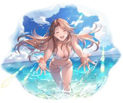 Rule 34 | 1girl, bare shoulders, bikini, breasts, brown hair, cleavage, closed eyes, cloud, cloudy sky, collarbone, day, earrings, granblue fantasy, jewelry, katalina (granblue fantasy), large breasts, long hair, minaba hideo, navel, official art, open mouth, outdoors, sky, smile, solo, splashing, sunlight, swimsuit, transparent background, wading, water, water drop, white bikini