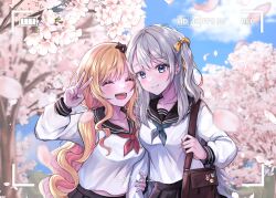 Rule 34 | 2girls, :d, ^ ^, bag, ban hada, battery indicator, blonde hair, blue eyes, blue neckerchief, blush, bow, breasts, cherry blossoms, closed eyes, collarbone, colored inner hair, dochmaru, grey hair, hair bow, highres, holding, holding another&#039;s arm, holding bag, korean commentary, long hair, medium breasts, midriff peek, mole, mole under eye, multicolored hair, multiple girls, neckerchief, nijisanji, nijisanji kr, one side up, open mouth, petals, pink hair, recording, red neckerchief, school uniform, seffyna, serafuku, shirt, smile, very long hair, viewfinder, virtual youtuber, white shirt, yellow bow