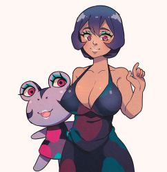 Rule 34 | 2girls, animal crossing, breasts, cleavage, covered erect nipples, diva (animal crossing), dress, dual persona, frog, furry, grey background, kennymoney, large breasts, makeup, multiple girls, nintendo, open mouth, personification, pink eyes, purple hair, short hair, simple background, smile, solo