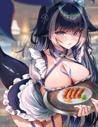 Rule 34 | 1girl, animal ears, apron, belt collar, black hair, blue collar, blue garter straps, body markings, breasts, breasts on tray, cetacean tail, cleavage, collar, fins, fish tail, garter straps, halterneck, highres, holding, holding tray, indie virtual youtuber, large breasts, long hair, looking at viewer, maid, maid apron, maid headdress, multicolored hair, orca girl, purple eyes, rosebell, shylily, sidelocks, streaked hair, tail, tray, virtual youtuber, white hair
